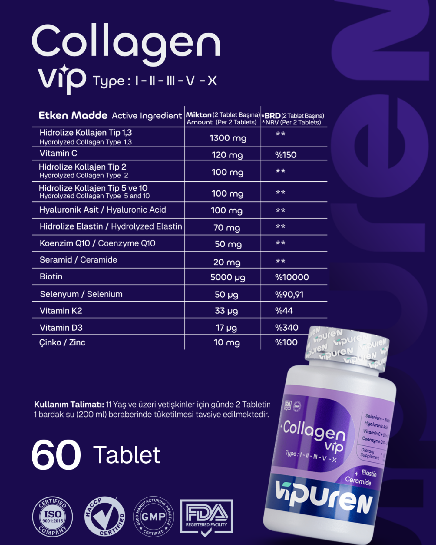 Vipuren - Collagen Vip | %100 Saf 5 Tip Kolajen , Vitamin + Mineral