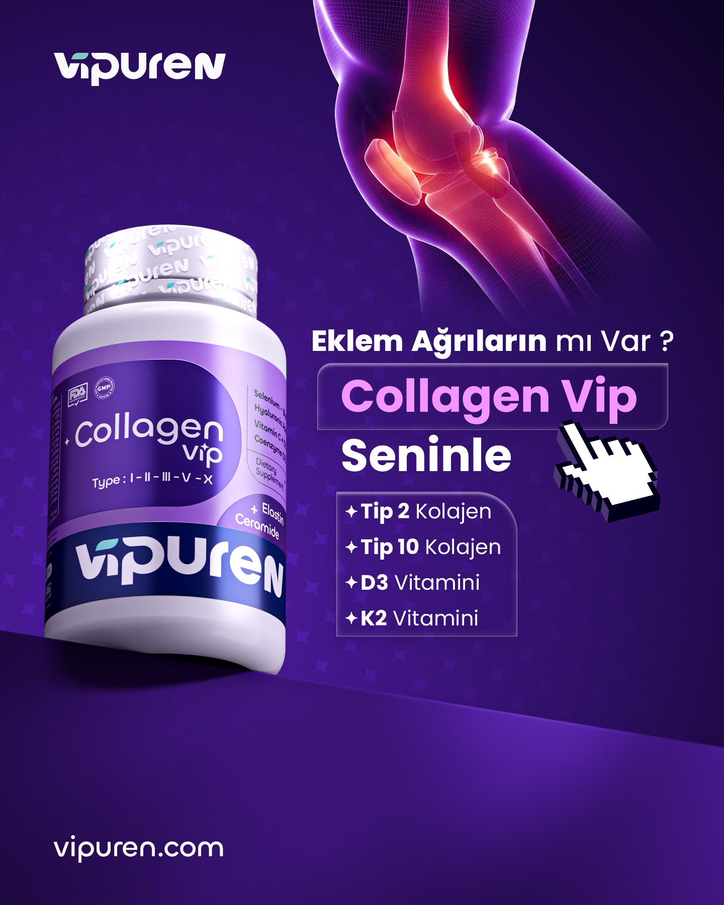 Vipuren - Collagen Vip | %100 Saf 5 Tip Kolajen , Vitamin + Mineral