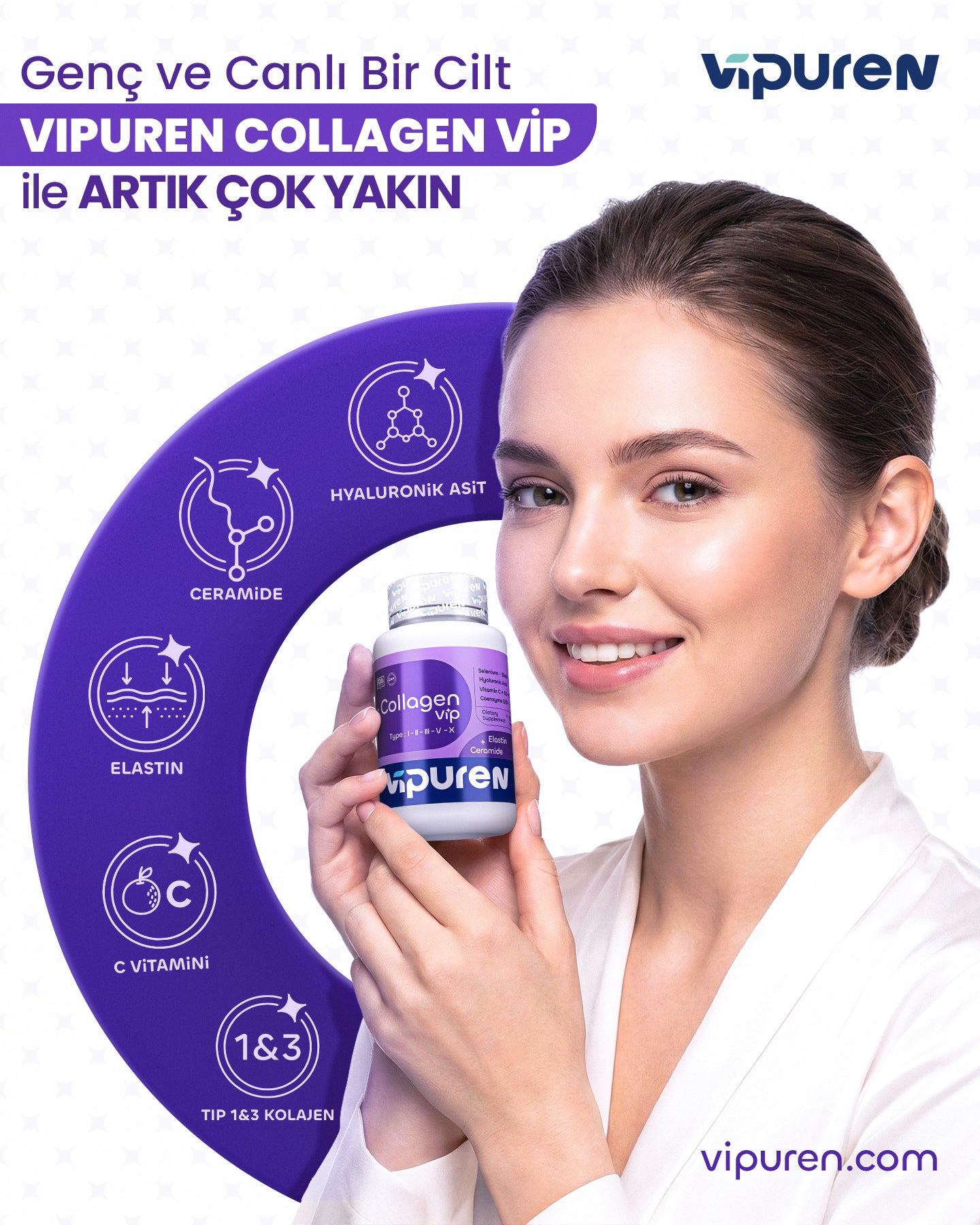Vipuren - Collagen Vip | %100 Saf 5 Tip Kolajen , Vitamin + Mineral